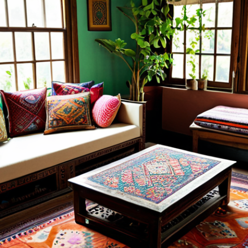 Home 4 **
A cozy living room scene in a traditional Pakistani home. Features a hand-knotted rug with vibrant, geometric patterns, low seating cushions arranged around a wooden coffee table, and colorful embroidered throw pillows. Walls are adorned with traditional artwork and intricate carvings. Natural light streams in through a window overlooking a lush garden. "Safe for work," "appropriate content," "fully clothed," "modest," "family-friendly," "perfect anatomy," "correct proportions," "natural pose."
**