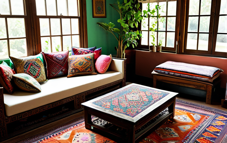 **
A cozy living room scene in a traditional Pakistani home. Features a hand-knotted rug with vibrant, geometric patterns, low seating cushions arranged around a wooden coffee table, and colorful embroidered throw pillows. Walls are adorned with traditional artwork and intricate carvings. Natural light streams in through a window overlooking a lush garden. "Safe for work," "appropriate content," "fully clothed," "modest," "family-friendly," "perfect anatomy," "correct proportions," "natural pose."
**
